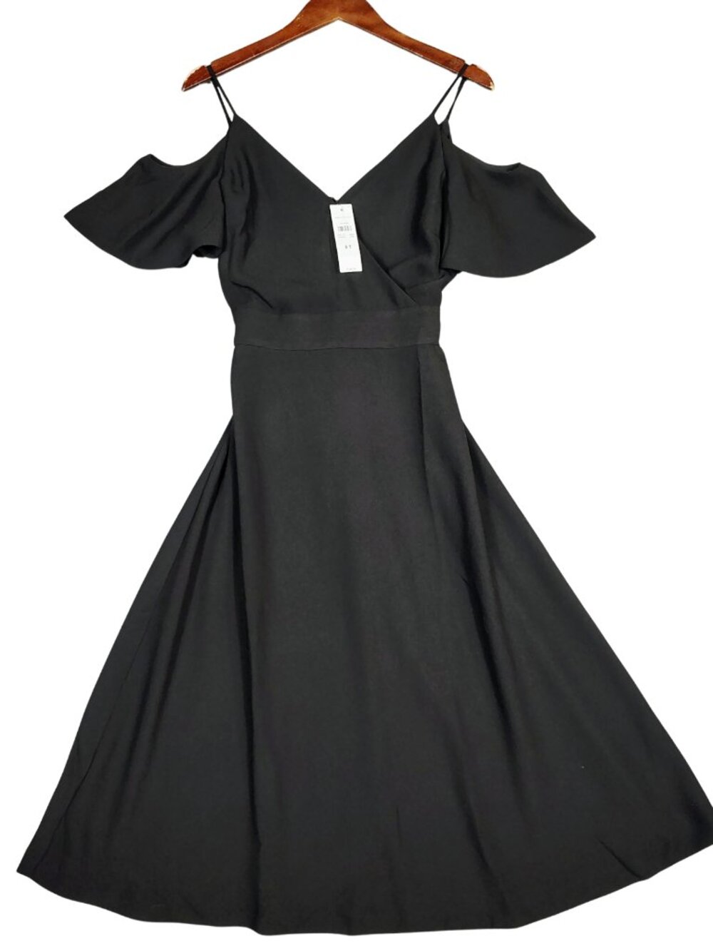 Ann Taylor Maxi Dress Women's 8 Tall Black Ruffle Cold Shoulder A-Line Party NWT
